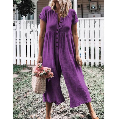 Jumpsuit  Loose Short Sleeve Romper Long Trousers  Button Down Overalls Pants