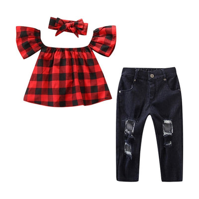 Children Wear Set Toddler Kids Baby Girls Outfits Clothes Plaid Off Shoulder Tops+Denim Ripped Long Pants Bow Headband