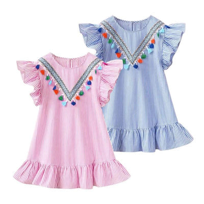 Summer Girls Tassel Flying Sleeve Dresses Stripe Kids O-Neck Tops Clothes Dress Toddler Kids Baby Girls Lovely