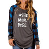 Wife Mom Boss  Plaid Stitching Long Sleeves T-Shirt for Women