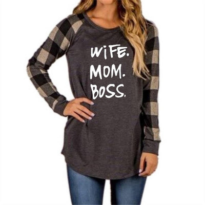 Wife Mom Boss  Plaid Stitching Long Sleeves T-Shirt for Women