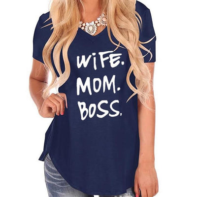 WIFE MOM BOSS T-Shirt for Women V-neck Short Sleeve Cotton Shirt