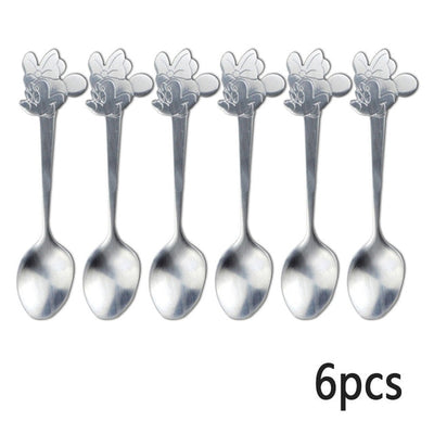 6pcs Stainless Steel Cartoon Kids Spoon Fork Set Mickey Minnie Children Baby Ice Cream Coffee Teaspoon Dinner Tableware Utensil