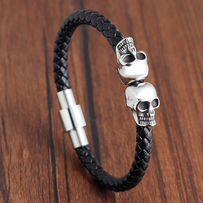 Cool Skull Black Braided Men Stainless Steel Leahter Bracelets