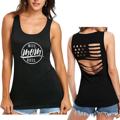 WIFE MOM BOSS -  American Flag Backless  T Shirt For Women