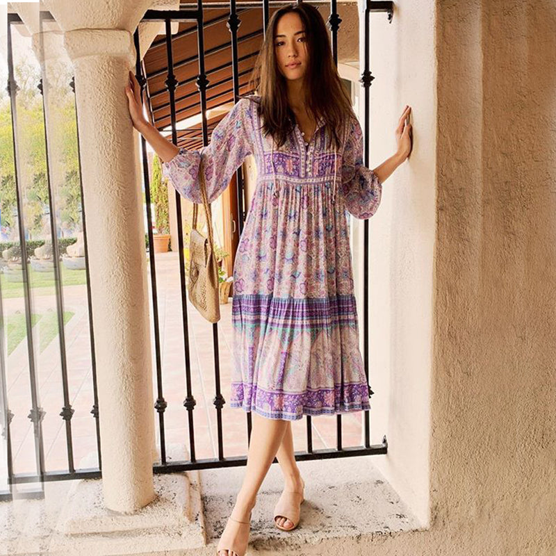 Vintage Boho Midi Dress Rayon Cotton Bohemian Tunic Hippie Dresses