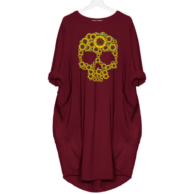 Sunflower Skull Head  - DRESS WOMEN POCKET WOMEN PUNK COTTON OFF SHOULDER TOPS