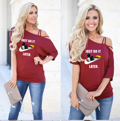 Just do it - Slanted Sleeve Off The Shoulder T-Shirt For Women